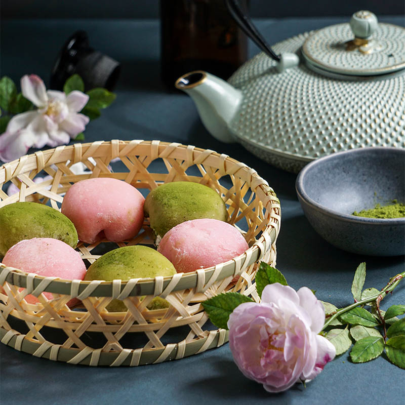 Japanese dessert mochi with matcha green tea powder and cherry,     japanese tea ceremony